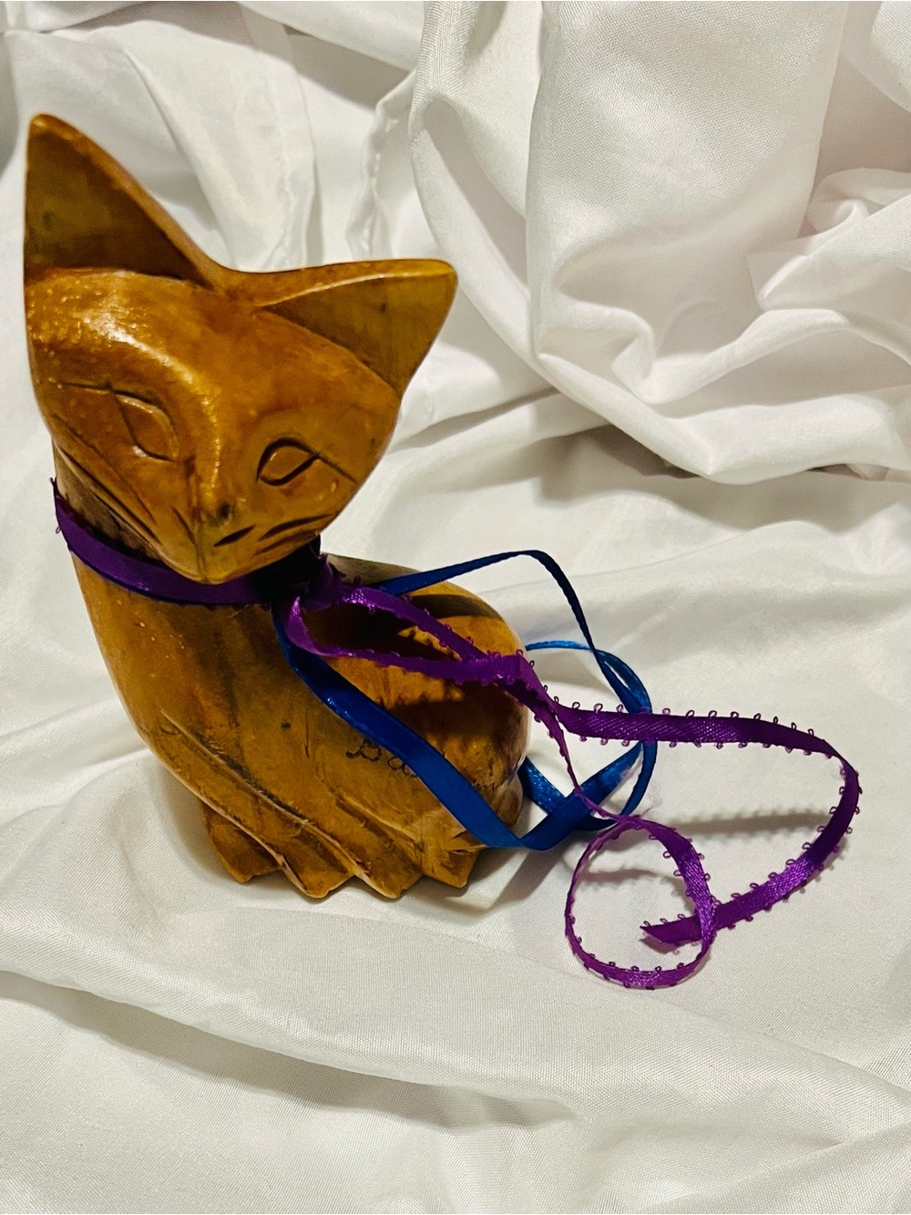 Wood Carving Cat Sculpture Vintage Siamese  Mid Century Kitty 6"